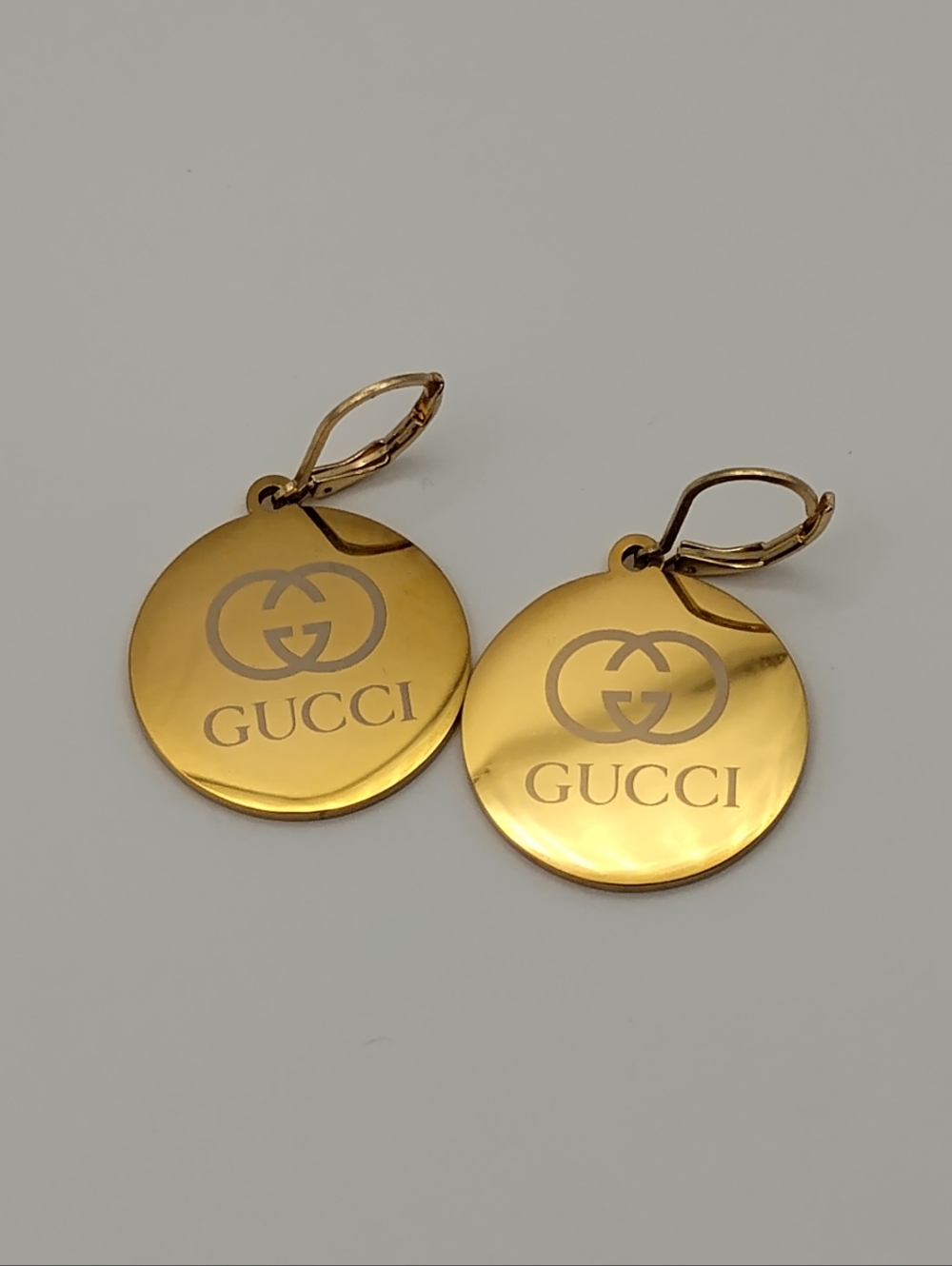 Gucci Gold Round White Logo Drop Earrings AUTHENTIC - Picture 6 of 6
